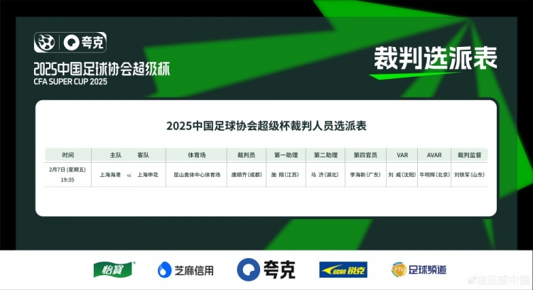  超級杯海港vs申花裁判員名單：主裁判唐順齊，VAR劉威