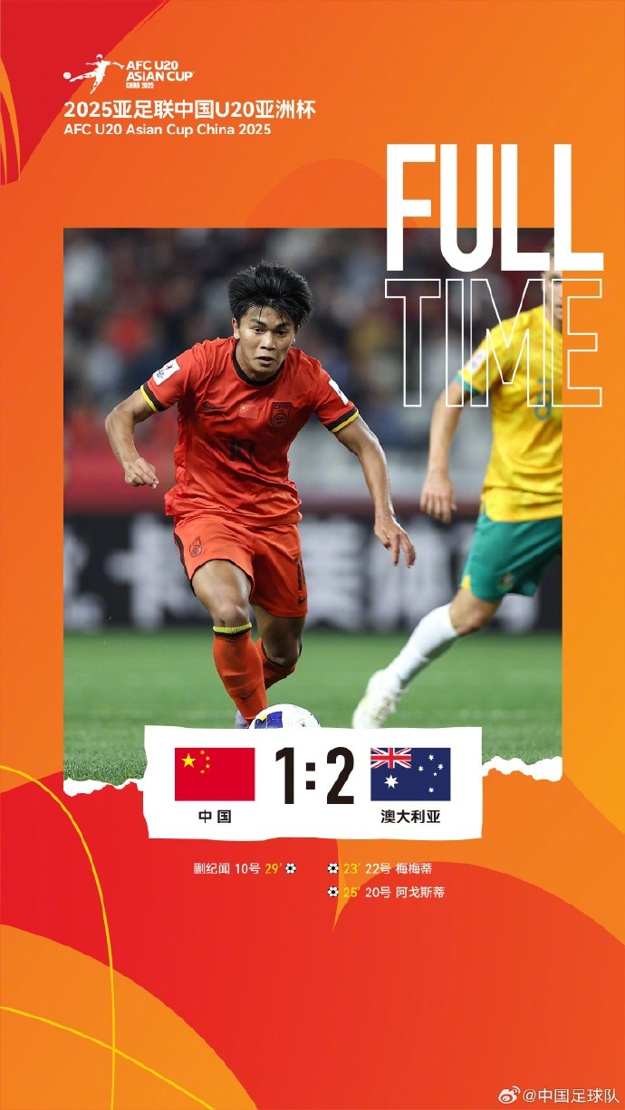 U20亞洲杯小組賽A組第三輪，中國隊1比2負于澳大利亞隊