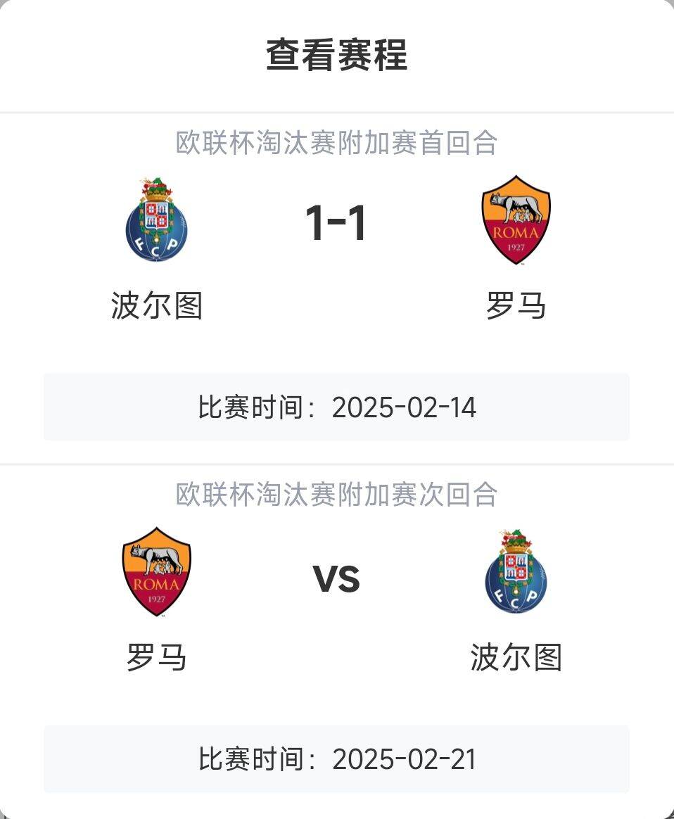  羅馬頂?shù)米?？意甲歐戰(zhàn)8隊3隊直通4隊出局，羅馬首回合1-1波爾圖