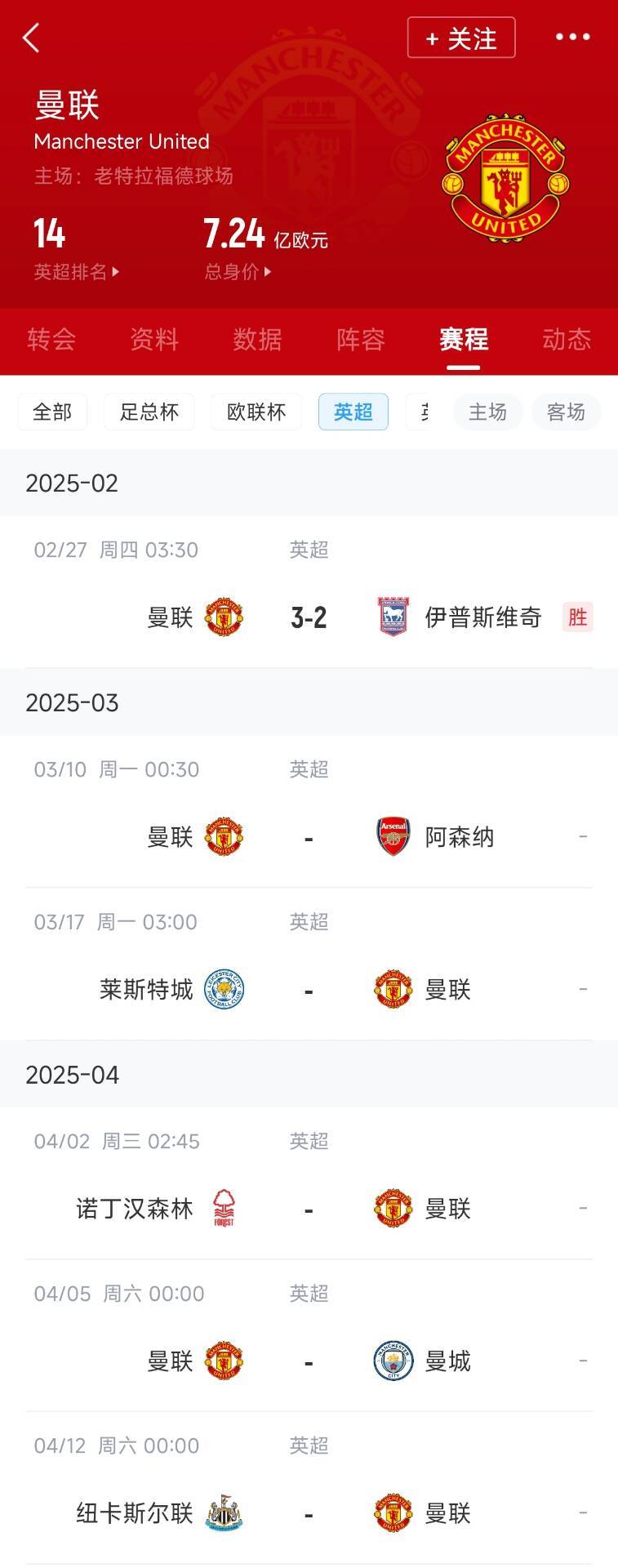  藍狐救一下？曼聯(lián)未來5輪將遭遇英超2/3/4/6名：槍手森林曼城紐卡
